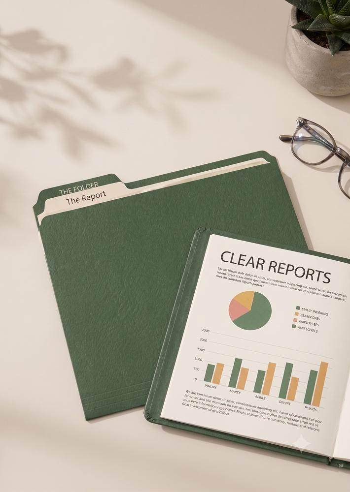 Monthly bookkeeping reports with profit and loss charts in a green folder