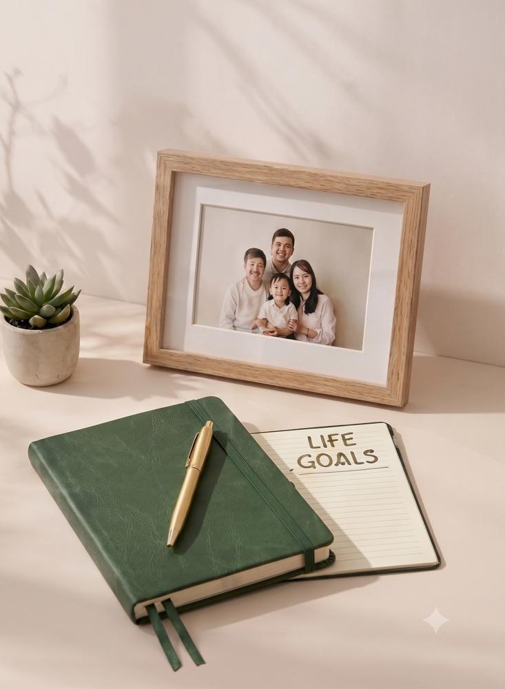 Life goals notebook beside a framed family photo